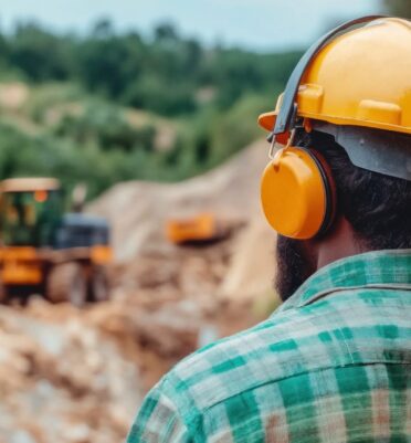 A construction worker wearing a yellow hard hat and ear protection observes machinery working on a site surrounded by greenery under a clear sky.